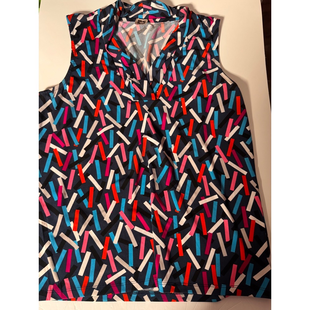 Anne Klein Sleeveless V-Neck Blouse Geometric Matchstick Print Blue Pink Large